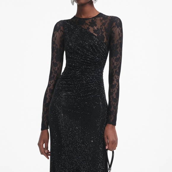 BLACK RHINESTONE LACE SLEEVES MAXI DRESS $ 1050 NEW - Picture 2 of 5